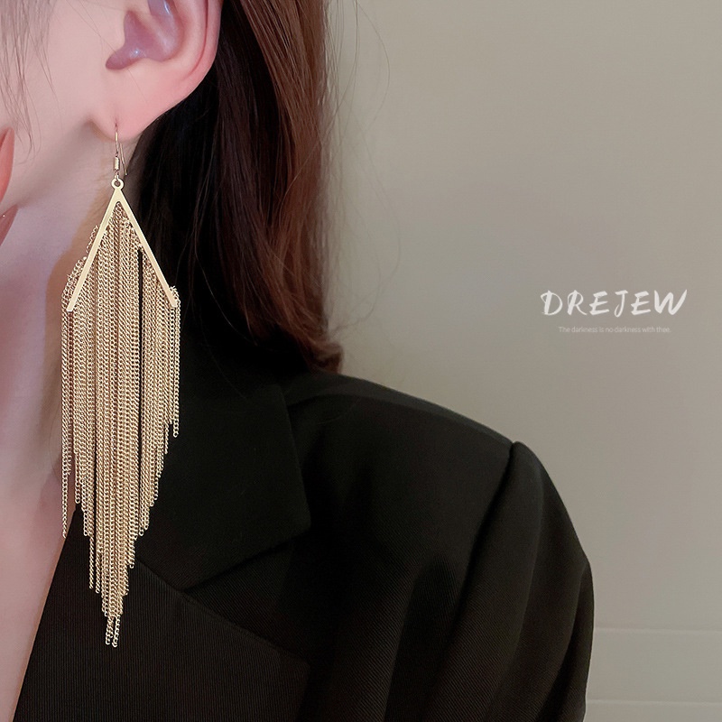 Khuyên tai DREJEW 1 kim loại dáng dài phối tua rua phong cách Âu Mỹ thời trang cao cấp cho nữ