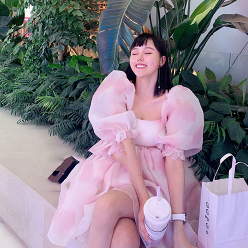 Đầm Công Chúa Disney Tay Phồng Màu Hồng Thời Trang Mùa Hè Cho Nữ