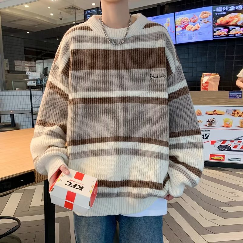 Áo Sweater Dệt Kim Kẻ Sọc Màu Sắc Tương Phản Phong Cách Retro Nhật Bản Cho Nam Giới Size M-2XL