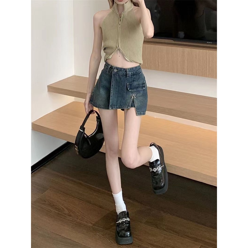 Quần Short Denim Lưng Cao Ống Rộng Lệch Tà Màu Xanh Dương Phong Cách Hàn Quốc Thời Trang Mùa Hè Mới Cho Nữ