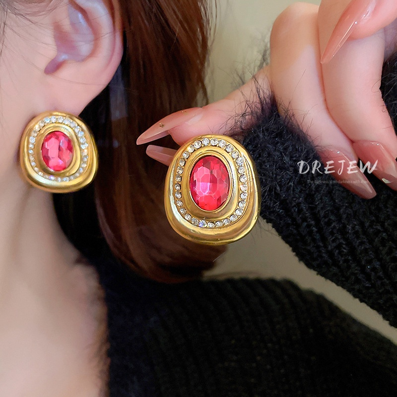 DREJEW Khuyên tai hình oval dát đá zircon phong cách Mỹ thời trang cho nữ