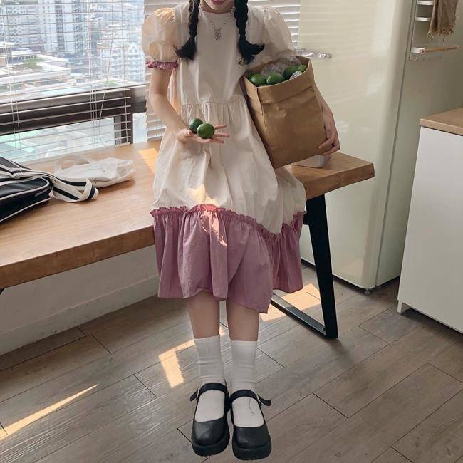Đâm babydoll váy babydoll Đầm Tay Phồng Cổ Tròn Màu Sắc Tương Phản Phong Cách Nhật Bản Thời Trang Mùa Hè Xinh Xắn Cho Nữ
