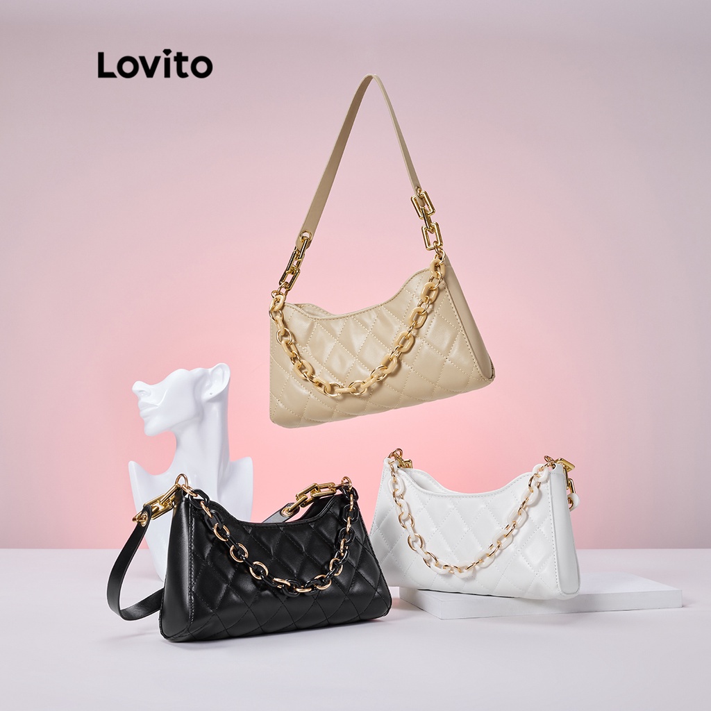 Túi đeo vai Lovito bằng vải chần hoạ tiết kim cương giản dị phối dây xích phong cách cổ điển L30BA12 (màu khaki / trắng / đen)