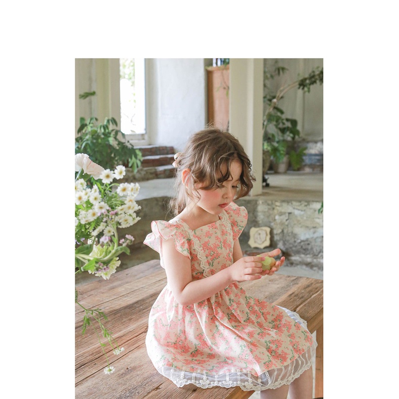 Đầm Hai Dây Phối Ren Hoa Thời Trang Mùa Hè Hàn Quốc 2023 Cho Bé Gái