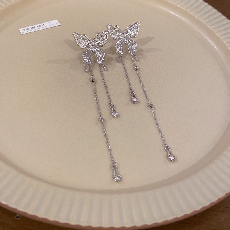 Đôi Bông Tai Dáng Dài Hình Bướm Xếp Ly Đính Đá Thời Trang Cho Nữ