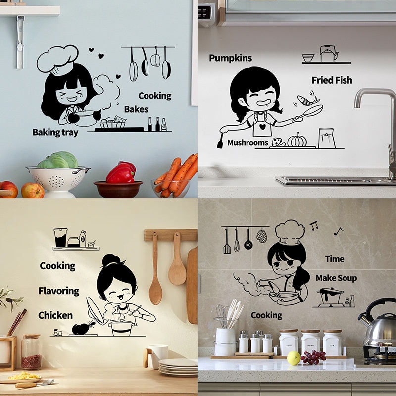Miếng Dán Tường Bằng PVC Họa Tiết Đầu Bếp Hoạt Hình Dễ Thương DIY