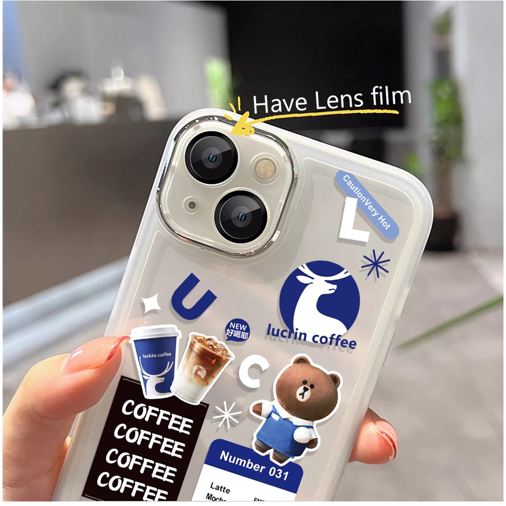 Miếng Dán Bảo Vệ lens Camera Bằng Kim Loại Họa Tiết Gấu Và Cà Phê Cho iphone 14promax 11 13 12 7Plus X XS Max 7 8