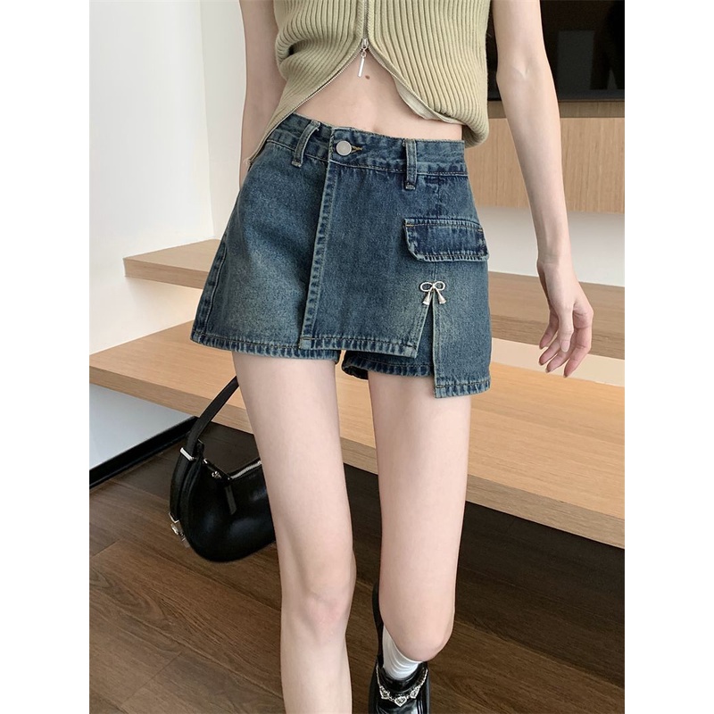 Quần Short Denim Lưng Cao Ống Rộng Lệch Tà Màu Xanh Dương Phong Cách Hàn Quốc Thời Trang Mùa Hè Mới Cho Nữ