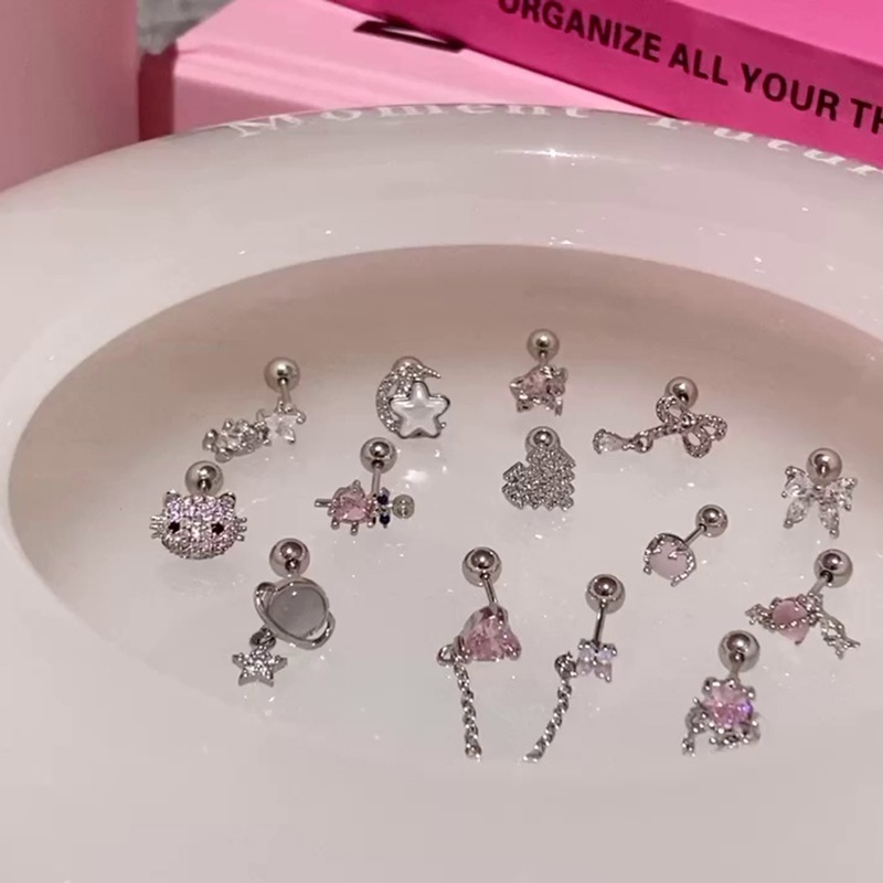 Bông Tai Mạ Bạc 925 Hình Nơ / Trái Tim Đính Đá Zircon Hồng Dễ Thương Cho Nữ