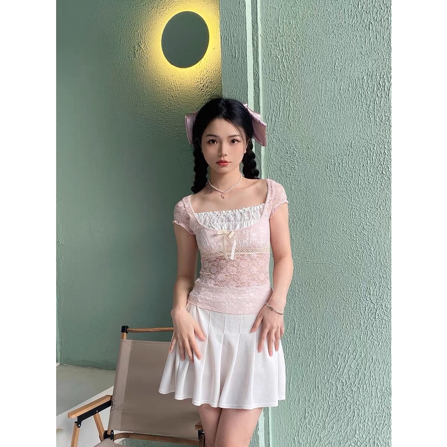 Áo Thun Crop Top Cổ Vuông Tay Ngắn Phối Ren Thời Trang Mùa Hè Cho Nữ