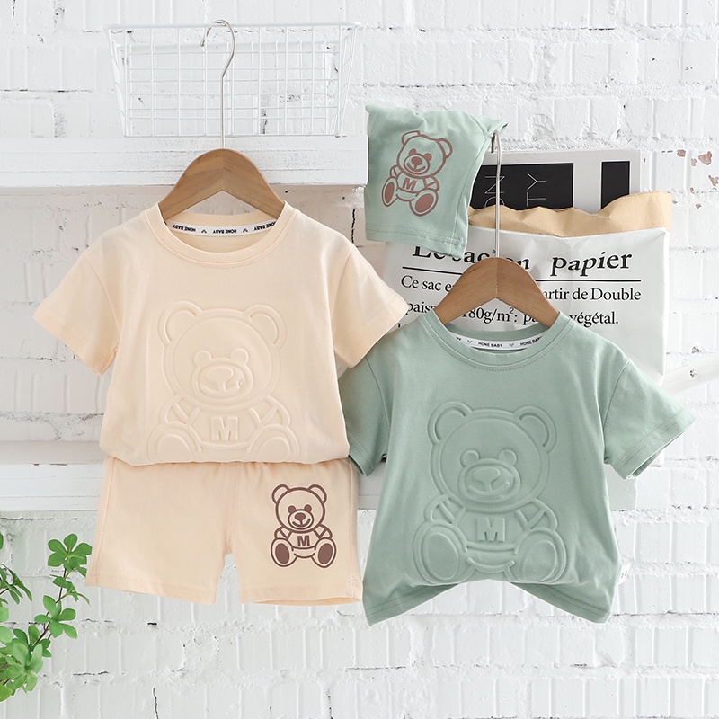 Set Áo Thun Ngắn Tay In Hình Gấu + Quần short Thời Trang Dễ Thương Cho Bé