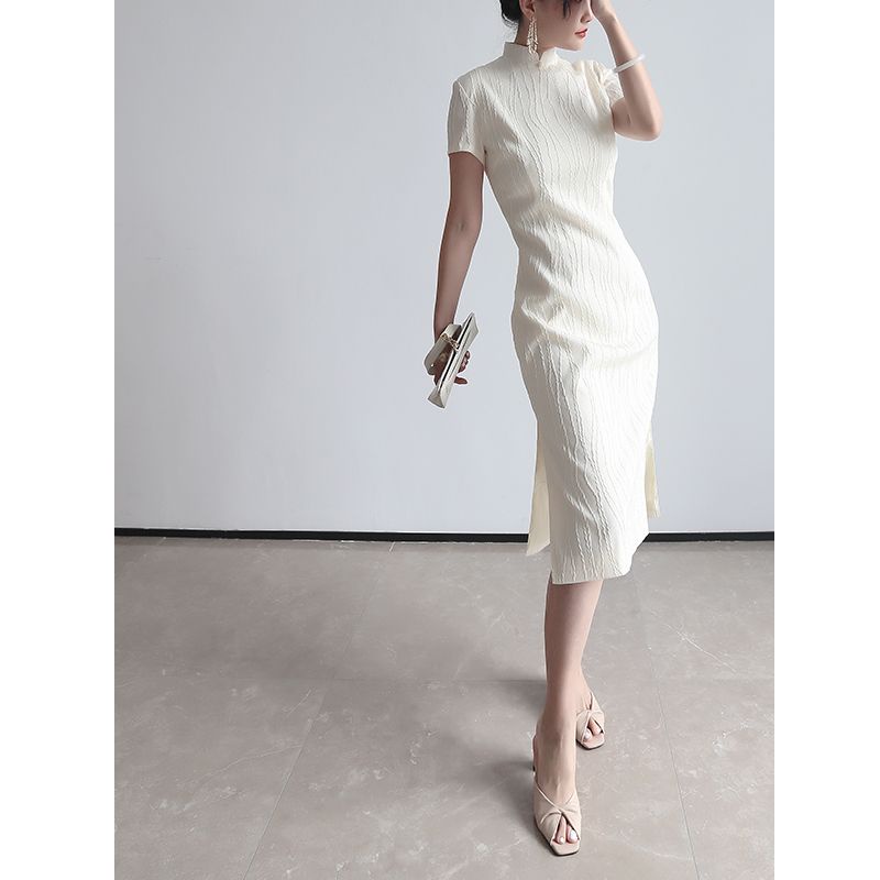 * * M S n * 2023 Đầm Sườn Xám Dài Đến Giữa Hè Tay Ngắn Màu Trắng Sâm Panh Tinh Tế Phong Cách Trẻ Trung