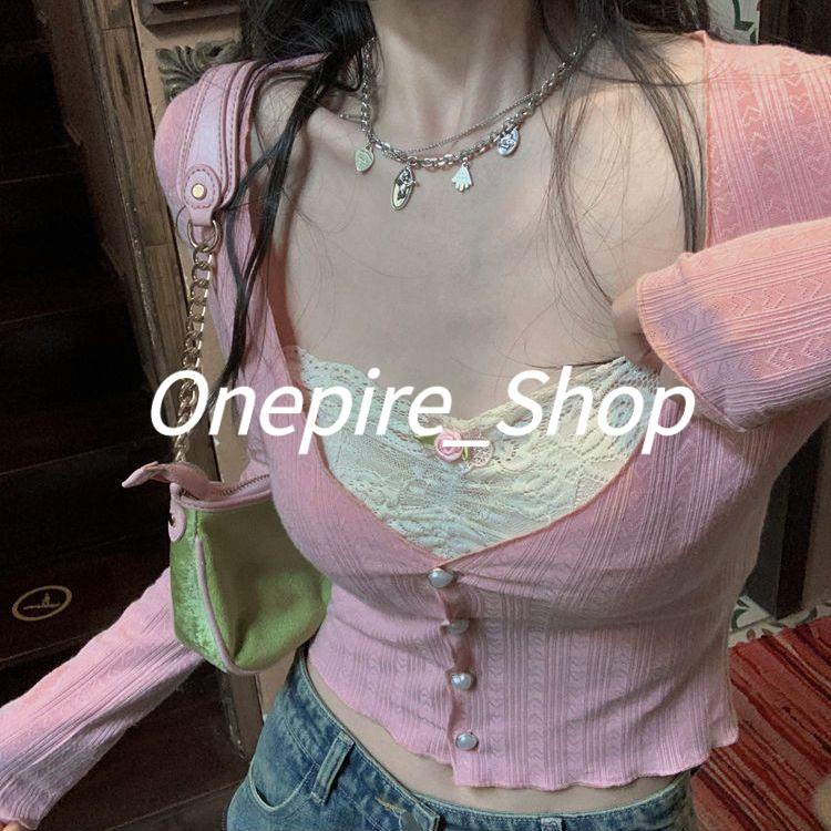 áo croptop tay dài áo croptop Áo Cardigan Dệt Kim Mỏng Cổ Chữ V Phối Ren Thời Trang Mùa Thu Dành Cho Nữ