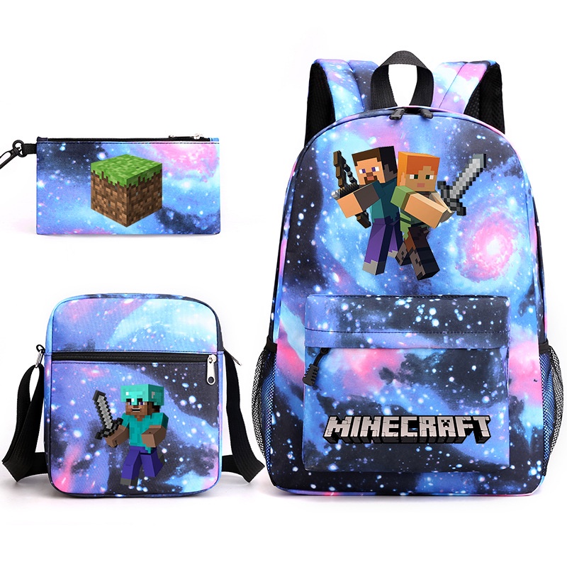 Set 3 Balo Túi Xách Ví Canvas Họa Tiết Minecraft Dễ Thương
