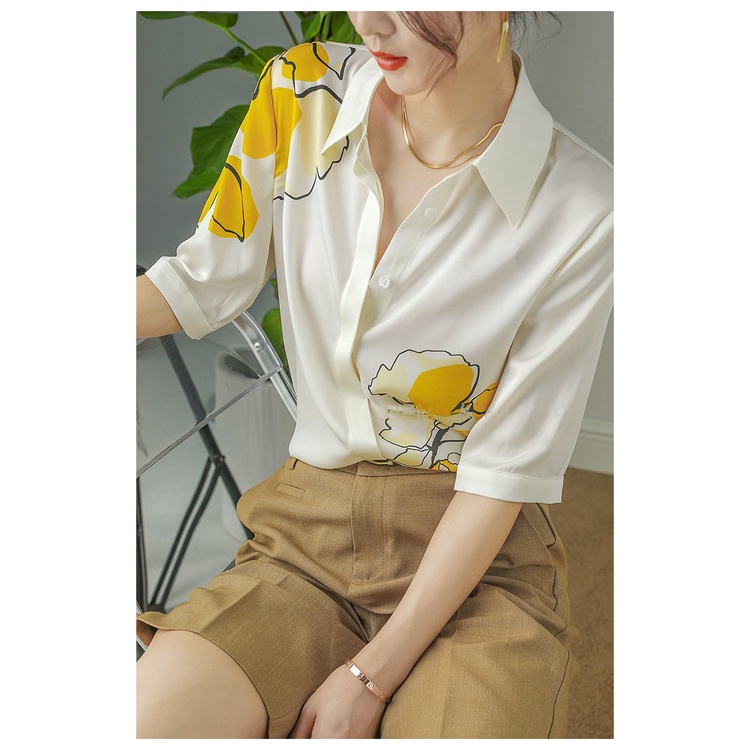 Áo Sơ Mi Chiffon Satin Ngắn Tay In Họa Tiết Tương Phản Thời Trang Mùa Hè