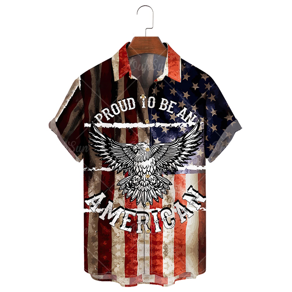 Áo Sơ Mi Tay Ngắn Dáng Rộng In Hình Đại Bàng Lá Cờ Mỹ Thời Trang Mùa Hè Cho Nam Size 5XL