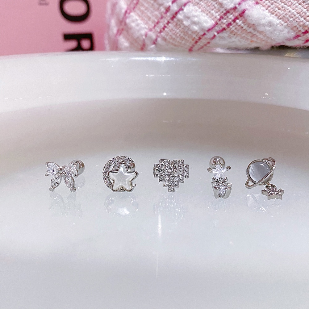 Bông Tai Mạ Bạc 925 Hình Nơ / Trái Tim Đính Đá Zircon Hồng Dễ Thương Cho Nữ