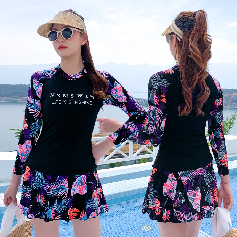 Bikini Dài Tay Đồ Bơi Nữ váy Hàn Quốc Hoa Xanh Hai Mảnh Cạp Cao Quảng Châu TDHX 8389 A-17