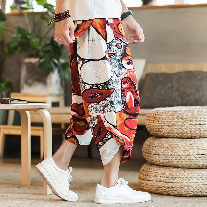 Quần đi biển vải lanh M-5XL quần 7 tấc ống rộng Thái Lan cỡ lớn rộng rãi cho nam quần harem 7 tấc vải cotton lanh phong cách Trung Quốc thoải mái sành điệu