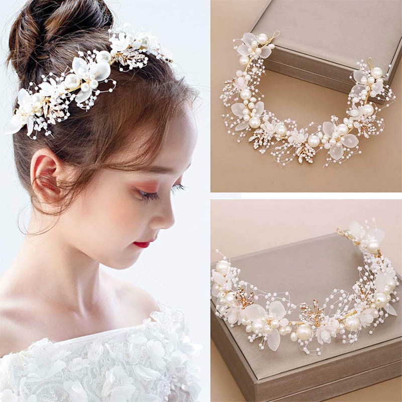 【Nền tảng Giá thấp nhất】Cài Tóc Hoa Lá Vàng Pha Lê Giả Đính Ngọc Trai Phụ Kiện Đám Cưới Cho Bé Gái