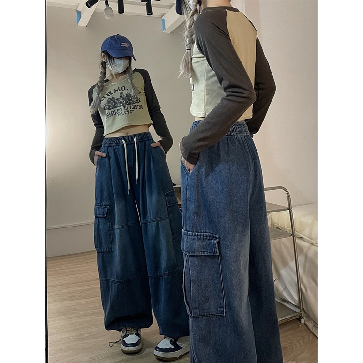 Quần Baggy Jean Xanh Dương / Đen Ống Rộng Phong Cách Hip Hop Cá Tính Y2K