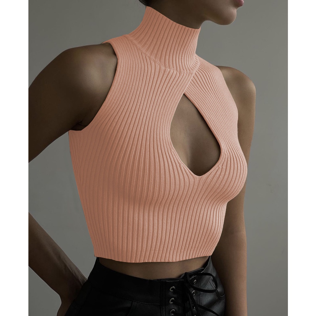 Cocory vn Áo Crop top Đan Len Cổ Cao 7 Màu Sắc Phong Cách Mỹ Quyến Rũ Cho Nữ