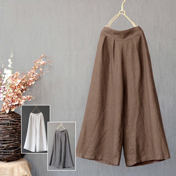 Quần Cotton Lanh Ống Rộng Lưng Cao Cỡ Lớn Thời Trang Xuân Hè Cho Nữ