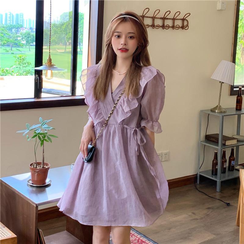 Đầm Cổ Chữ V Phối Dây Rút Thời Trang Hàn Quốc Cho Nữ