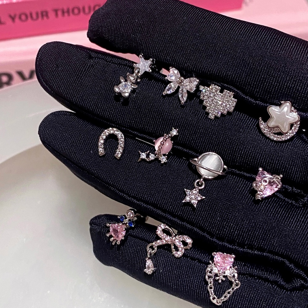 Bông Tai Mạ Bạc 925 Hình Nơ / Trái Tim Đính Đá Zircon Hồng Dễ Thương Cho Nữ