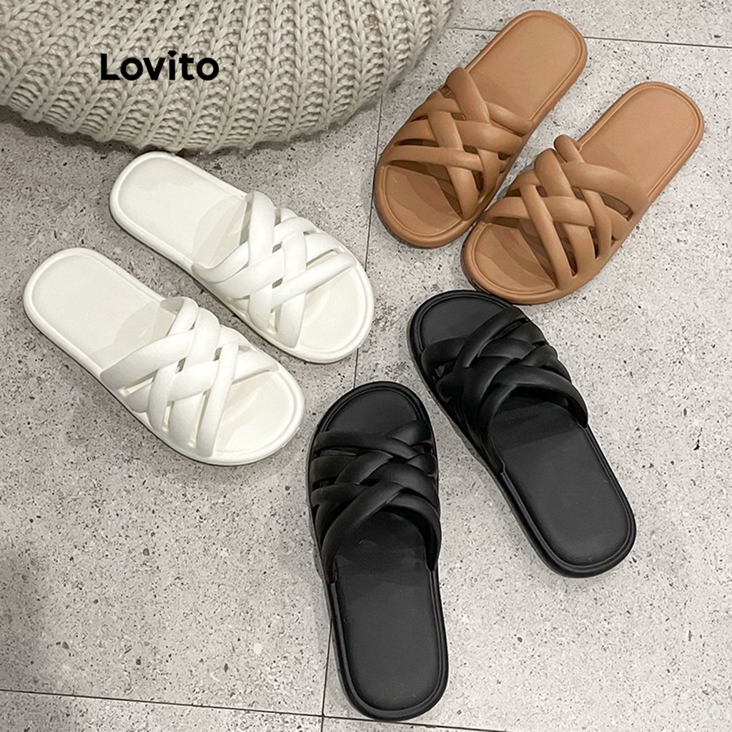 Lovito Casual Trơn Thời trang Hàn Quốc Cầu trượt mềm mại mùa hè Cầu trượt trong nhà và ngoài trời Phòng tắm Vòi hoa sen Dép hở ngón bện cho nữ LIS02008 (Kaki/Trắng/Xanh lá cây/Đen)