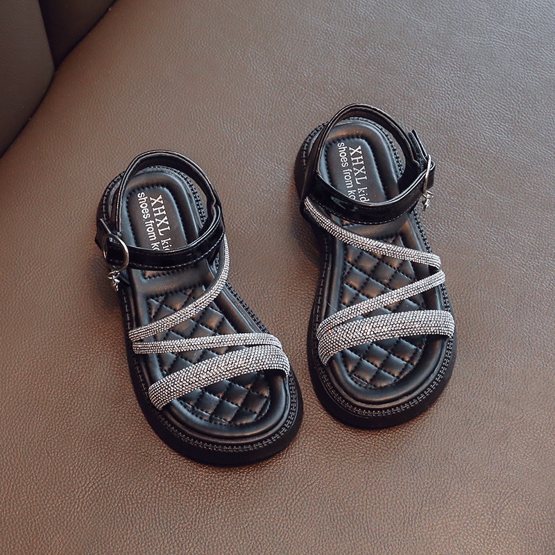 Dép Sandal Cho Bé Gái 4-14 Tuổi Dây Chéo Gắn Đá Đan Dây