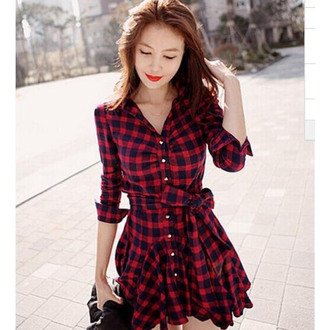 Đầm Sơ Mi Dài Tay Ôm Dáng Họa Tiết Caro Đỏ Phong Cách Hàn Quốc Thời Trang Xuân Thu Hàng Mới Dành Cho Bạn Nữ