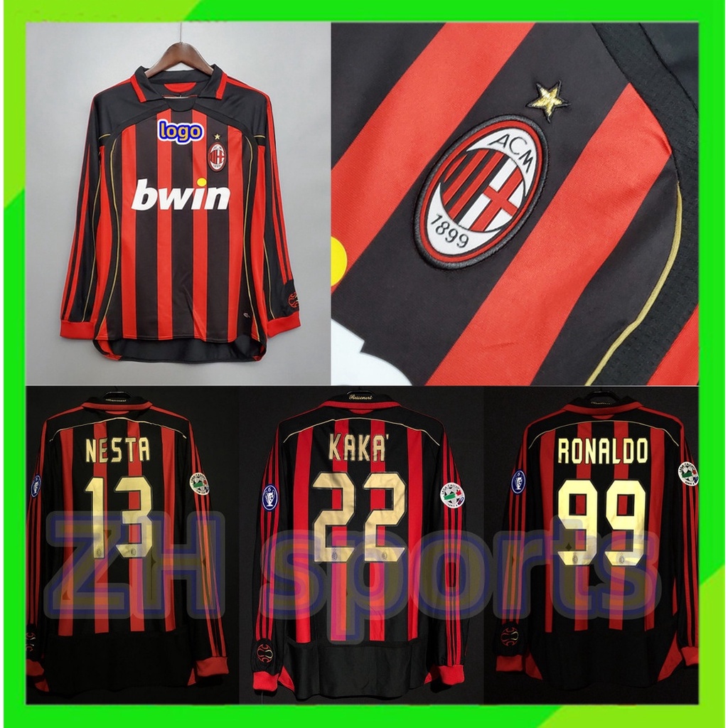 Áo Bóng Đá Dài Tay Đội Tuyển AC Milan Mùa Giải 2006 / 2007 06 / 07 AC Milan Kaka 22 Nesta 13 Ronaldo 99