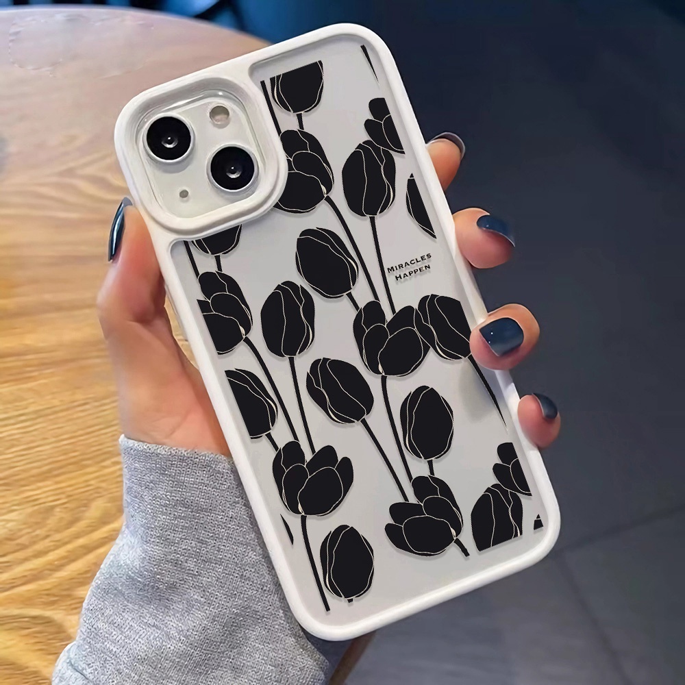 Ốp Điện Thoại Nhựa Acrylic Cứng Trong Suốt In Hình Hoa Đen Thời Trang Cho iphone 14promax 11 13 12 7Plus 8 X XS Max