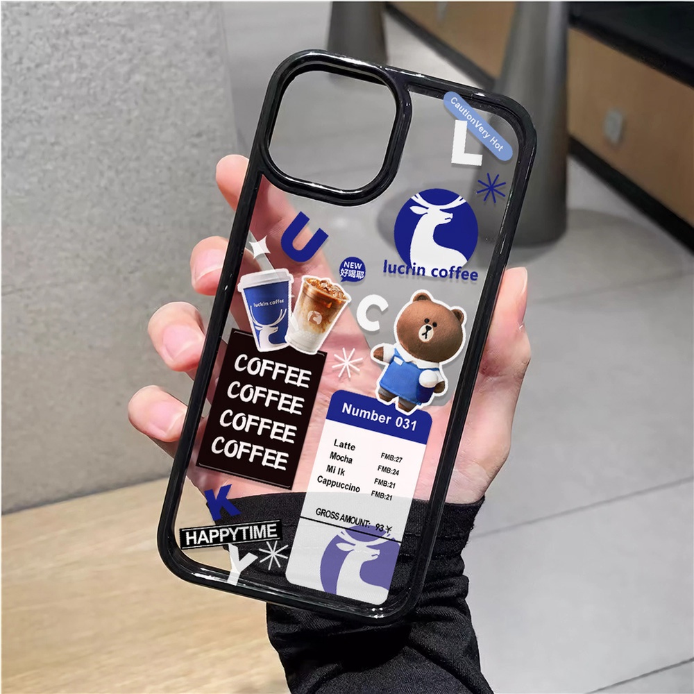 Ốp Điện Thoại Nhựa Acrylic Cứng Trong Suốt In Hình Gấu Cà Phê Cho iphone 14promax 11 13 12 7Plus 8 X XS Max