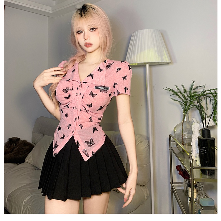 Áo Croptop Tay Ngắn In Hình Bướm Màu Hồng Thời Trang Cho Bé Gái 2023