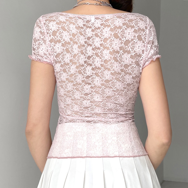 Áo Thun Crop Top Cổ Vuông Tay Ngắn Phối Ren Thời Trang Mùa Hè Cho Nữ