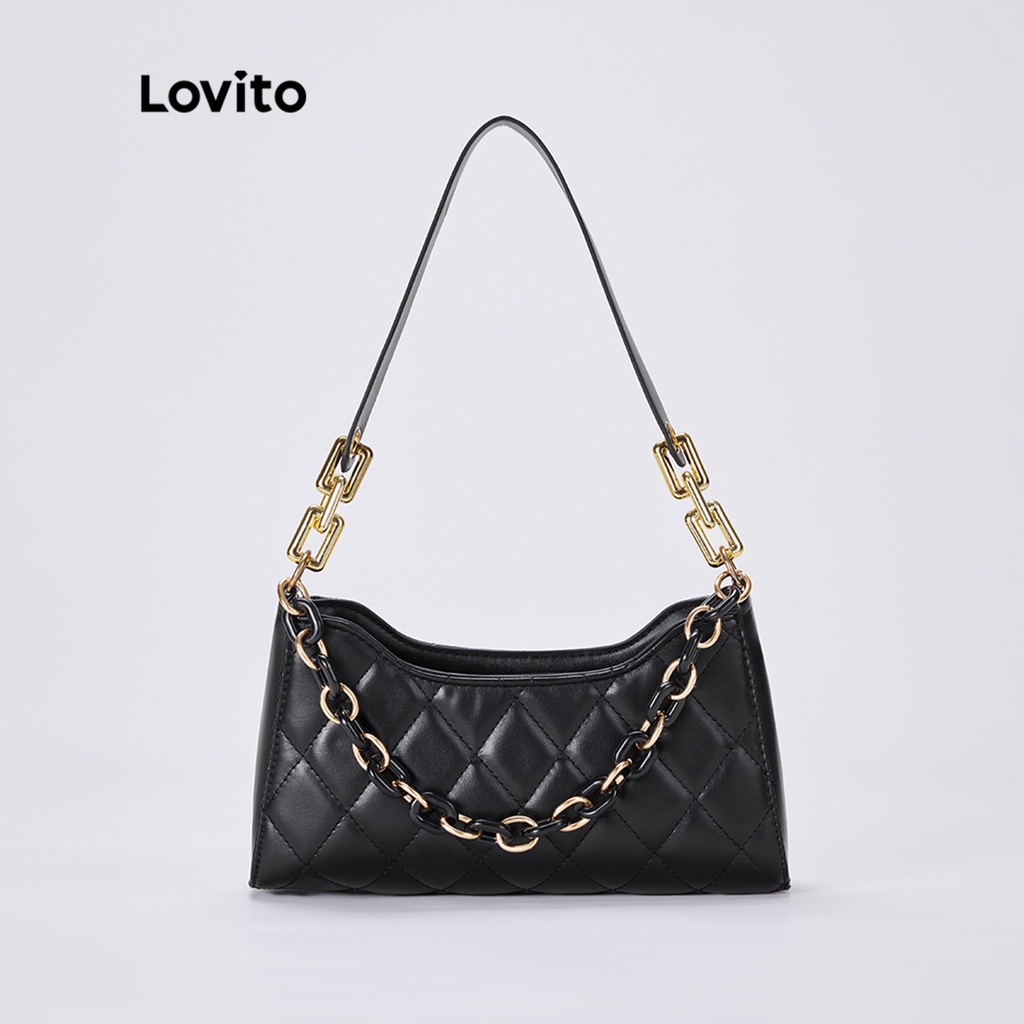 Túi đeo vai Lovito bằng vải chần hoạ tiết kim cương giản dị phối dây xích phong cách cổ điển L30BA12 (màu khaki / trắng / đen)