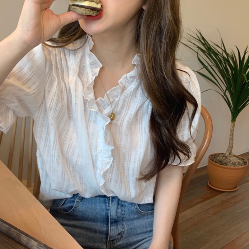 IELGY  Áo Kiểu Tay Phồng Cổ Chữ V Đính Nút Phong Cách Hàn Quốc Cho Nữ