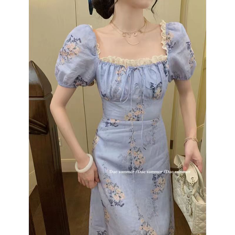 Đầm Hoa Tay Phồng Cổ Vuông Eo Cao Thời Trang Pháp Xinh Xắn Cho Nữ