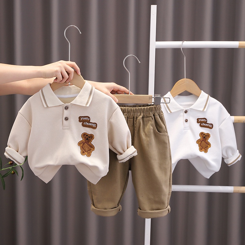 Set Đồ Mùa Thu 2 Món Gồm Áo Thun Cotton In Hình Gấu Hoạt Hình + Quần Dài Cho Bé Trai