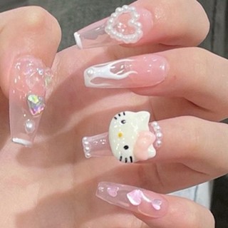 24 chiếc Kawali Hello Kitty Móng tay giả Thỏ Ngọn lửa tình yêu Móng tay giả Dụng cụ làm móng có keo dán