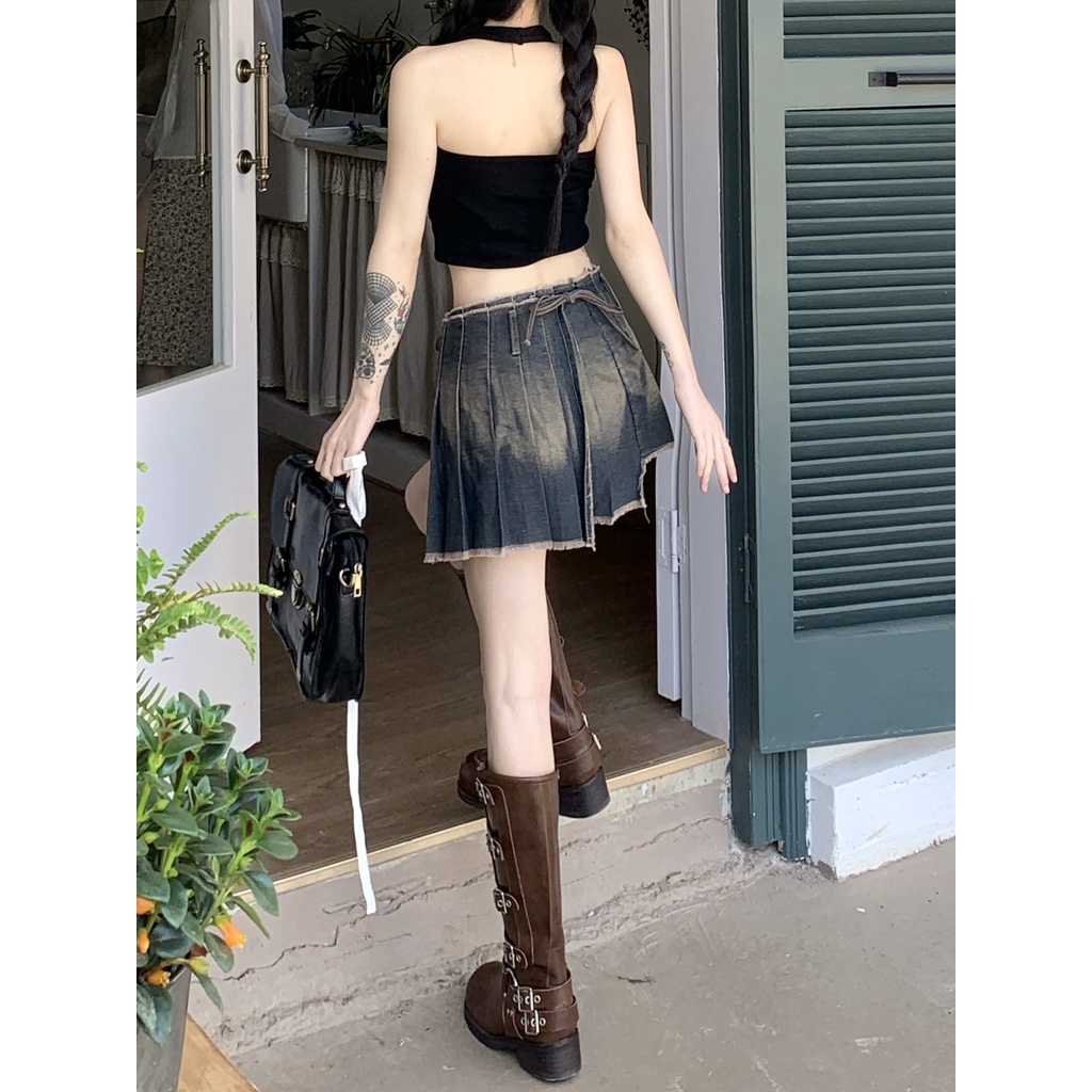 Cocory vn Chân váy jean Lưng Cao Phong Cách Retro Thời Trang Cho Nữ