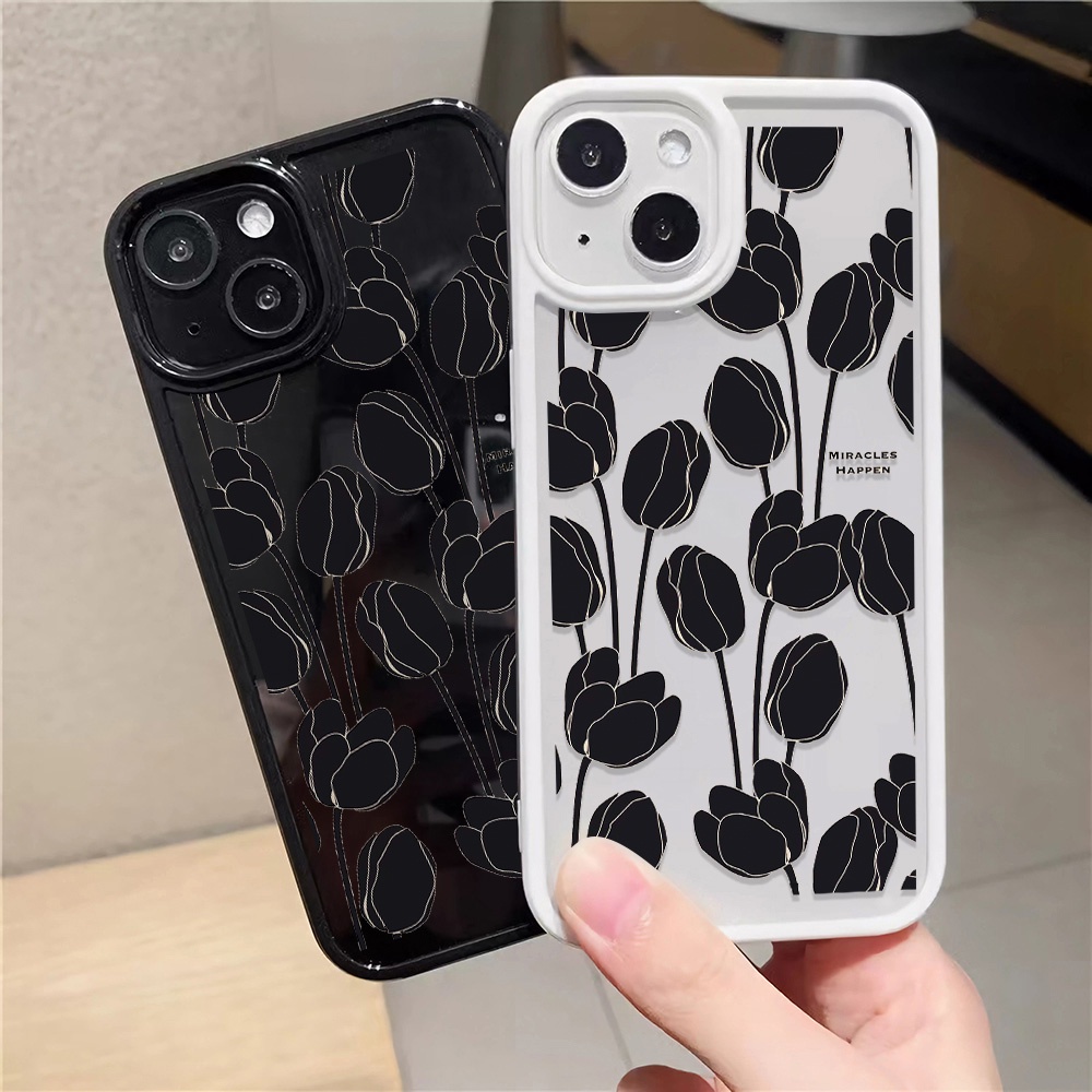 Ốp Điện Thoại Nhựa Acrylic Cứng Trong Suốt In Hình Hoa Đen Thời Trang Cho iphone 14promax 11 13 12 7Plus 8 X XS Max