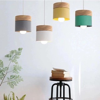 Đèn led treo trần nhà E27 bằng sắt và gỗ nhiều màu sắc hiện đại phong cách Bắc Âu