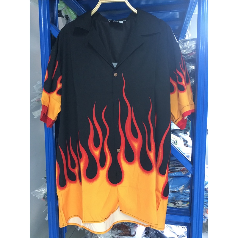 Áo sơ mi nam tay ngắn in hình ngọn lửa phong cách hip hop