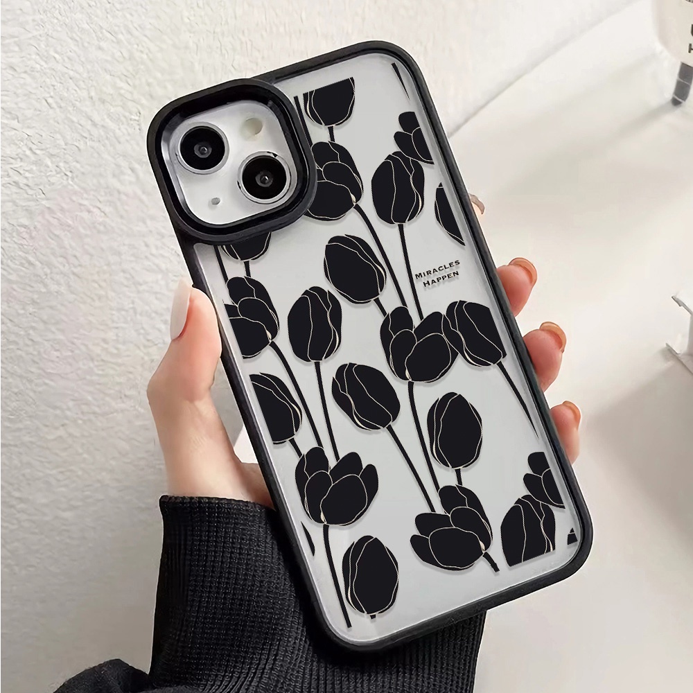 Ốp Điện Thoại Nhựa Acrylic Cứng Trong Suốt In Hình Hoa Đen Thời Trang Cho iphone 14promax 11 13 12 7Plus 8 X XS Max