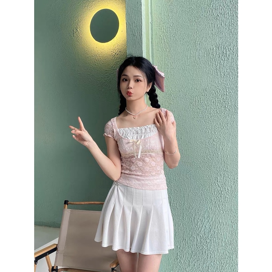 Áo Thun Crop Top Cổ Vuông Tay Ngắn Phối Ren Thời Trang Mùa Hè Cho Nữ