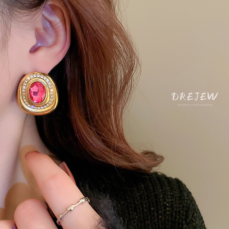 DREJEW Khuyên tai hình oval dát đá zircon phong cách Mỹ thời trang cho nữ