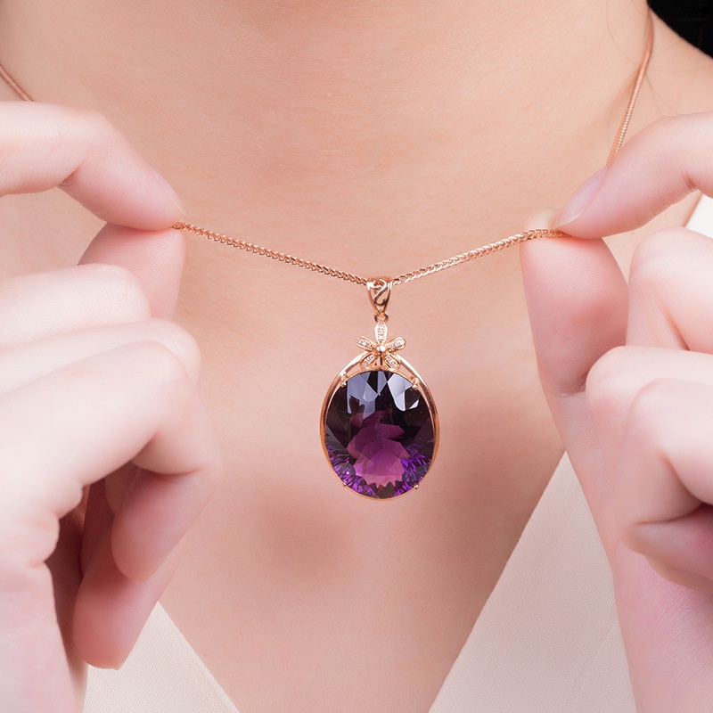 ♥Bộ Dây Chuyền + Nhẫn + Bông Tai Hình Oval Đính Đá Thạch Anh Tím Sang Trọng